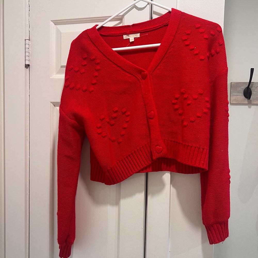 moon & madison Red Heart-Textured V-Neck Cardigan